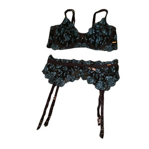 La Vie En Rose Lingerie Set Teal Black Lace Sheer Sexy Forest Green Goth 36C
